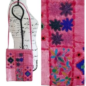 Stunning Beaded Pink Cloth Shoulder Bag. Floral and geometric design Bag.